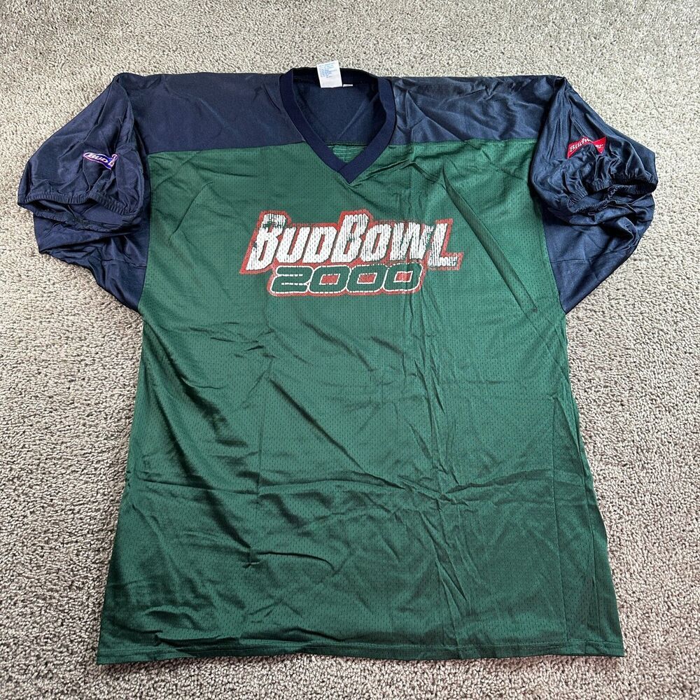 VINTAGE Y2K Budweiser Football Jersey Mens OS Green Blue 2000 BudBowl Bud Light